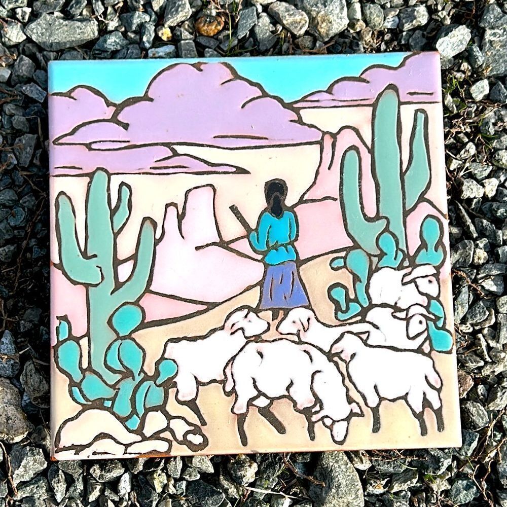 MAG MOR art tile hand painted tile hot plate wall decor southwestern Aztec